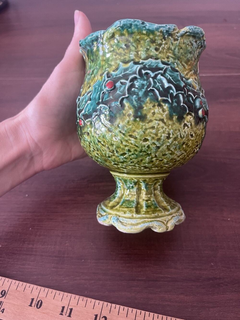 Vintage Napco Ceramic Christmas Vase Napcoware Candle Holder Green Holly berry